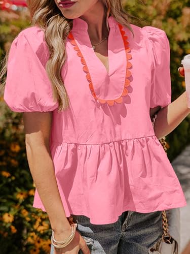 Womens Puff Sleeve Peplum Blouses Ruffle V Neck Summer Casual Tops Babydoll Loose Fit Shirts