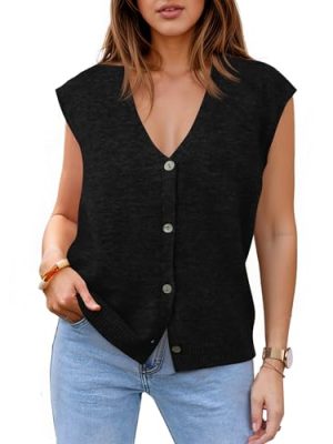 Womens V Neck Sweater Vest Casual Button Down Knit Vest Outerwear Sleeveless Trendy Cardigans