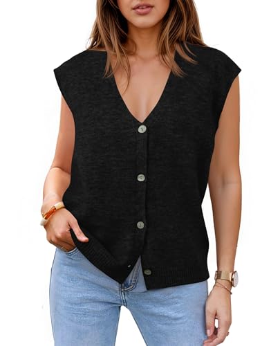 Womens V Neck Sweater Vest Casual Button Down Knit Vest Outerwear Sleeveless Trendy Cardigans