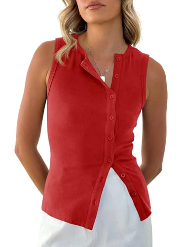 Womens Button Down Tank Tops Summer Sleeveless Vest Tops Trendy Ribbed Fitted Going Out Shirts