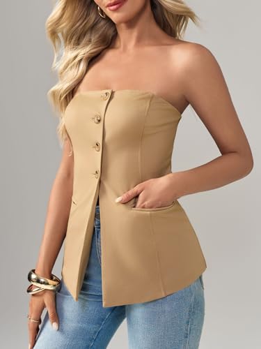 Womens Strapless Blazer Vest Summer Sleeveless Fitted Tube Tops Trendy Button Down Work Suit Tops