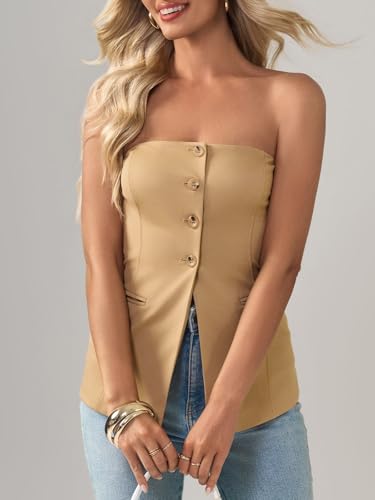 Womens Strapless Blazer Vest Summer Sleeveless Fitted Tube Tops Trendy Button Down Work Suit Tops