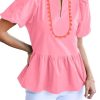 Womens Puff Sleeve Peplum Blouses Ruffle V Neck Summer Casual Tops Babydoll Loose Fit Shirts
