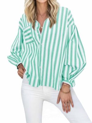 Womens Striped Button Down Shirts 2024 Fall Fashion Puff Long Sleeve Loose Fitting Work Tops