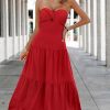 Women's Summer Strapless Maxi Dress 2025 Off Shoulder Hollow Out Smocked A Line Tube Tiered Long Dresses