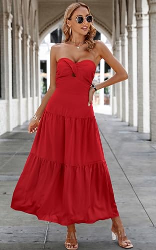 Women's Summer Strapless Maxi Dress 2025 Off Shoulder Hollow Out Smocked A Line Tube Tiered Long Dresses