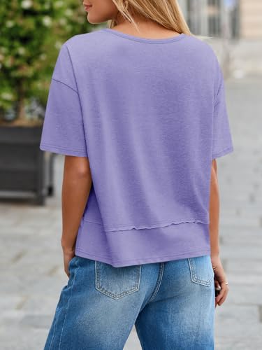Womens Summer V Neck T Shirts Casual Short Sleeve Flowy Tops Cute Loose Fit Basic Tees