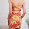 Women's Floral Ruched Mini Tube Dress Strapless Split Hem Bodycon Dresses