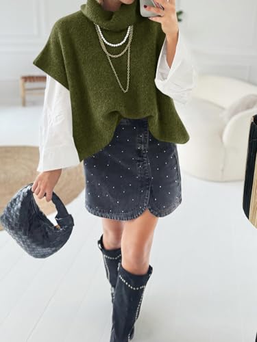 Womens Oversized Turtleneck Poncho Sweaters Short Batwing Sleeve Casual Slouchy Loose Fit Chunky Knit Pullover Tops