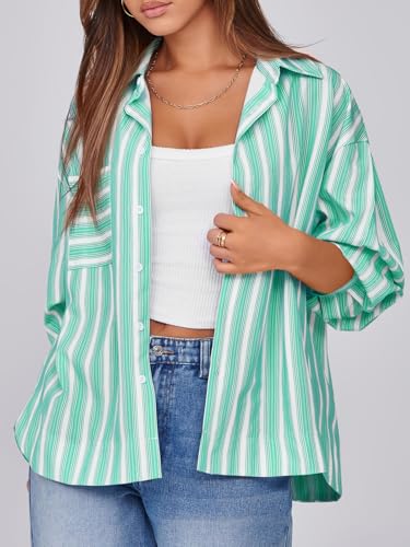 Womens Striped Button Down Shirts 2024 Fall Fashion Puff Long Sleeve Loose Fitting Work Tops