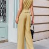 Womens Business Casual 2 Piece Outfits V Neck Sleeveless Tie Waist Blazer Vest Pleated Wide Leg Suits Pants Sets