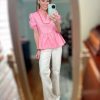 Womens Puff Sleeve Peplum Blouses Ruffle V Neck Summer Casual Tops Babydoll Loose Fit Shirts