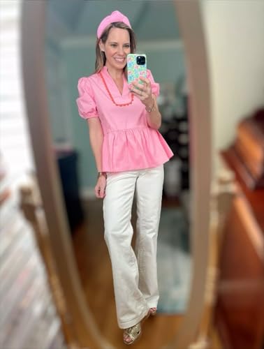 Womens Puff Sleeve Peplum Blouses Ruffle V Neck Summer Casual Tops Babydoll Loose Fit Shirts