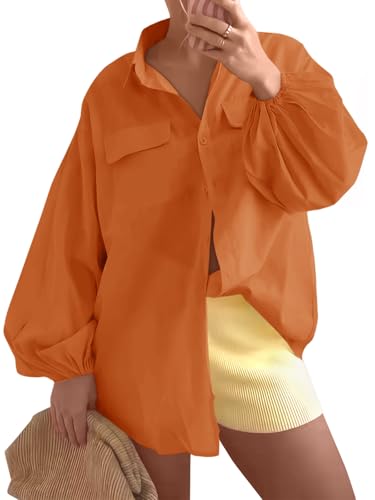 Womens Oversized Button Down Shirts Puff Long Sleeve Collared V Neck Cotton Blouses Linen Loose Fit Tops
