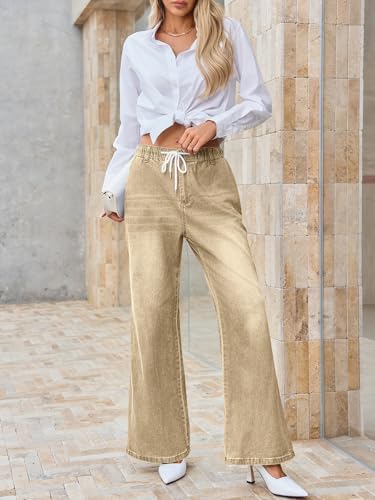 Womens Wide Leg Flare Jeans Casual Drawstring High Waist Vintage Denim Pants with Pockets