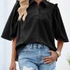 Womens Summer Button Down Shirts Short Ruffle Puff Sleeve Cotton Blouses Dressy Casual Ladies Tops