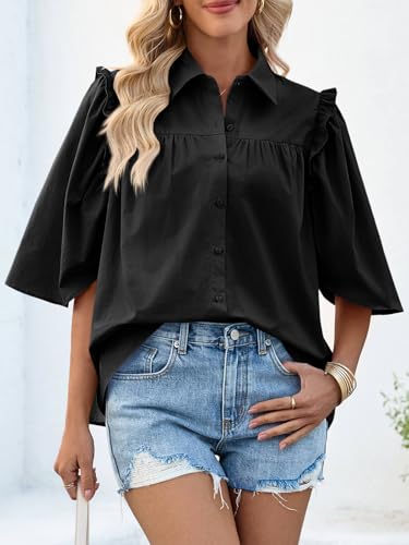 Womens Summer Button Down Shirts Short Ruffle Puff Sleeve Cotton Blouses Dressy Casual Ladies Tops