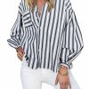 Womens Striped Button Down Shirts 2024 Fall Fashion Puff Long Sleeve Loose Fitting Work Tops