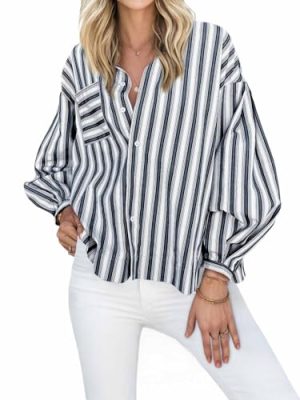 Womens Striped Button Down Shirts 2024 Fall Fashion Puff Long Sleeve Loose Fitting Work Tops