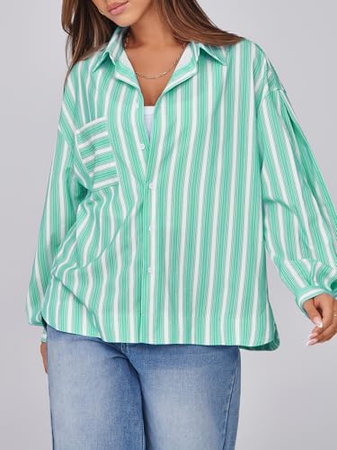 Womens Striped Button Down Shirts 2024 Fall Fashion Puff Long Sleeve Loose Fitting Work Tops
