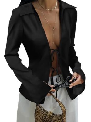 Womens Sexy Tie Front Satin Shirts Deep V Neck Silk Club Tops Long Sleeve Y2k Going Out Blouse