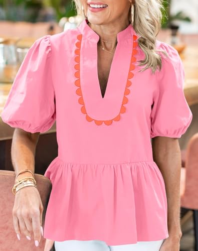 Womens Puff Sleeve Peplum Blouses Ruffle V Neck Summer Casual Tops Babydoll Loose Fit Shirts