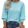 Womens 3/4 Puff Sleeve Sweater Tops Fall Casual Crew Neck Lightweight Knit Pullover Loose Fit Scallop Trim Sweater