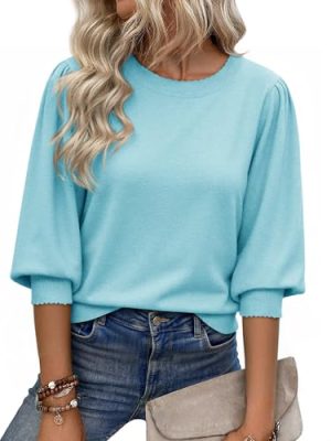 Womens 3/4 Puff Sleeve Sweater Tops Fall Casual Crew Neck Lightweight Knit Pullover Loose Fit Scallop Trim Sweater