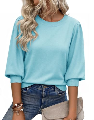 Womens 3/4 Puff Sleeve Sweater Tops Fall Casual Crew Neck Lightweight Knit Pullover Loose Fit Scallop Trim Sweater