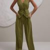 Womens 2 Piece Outfits V Neck Tie Waist Blazer Vest and Wide Leg Business Casual Suit Pants Sets Army Green