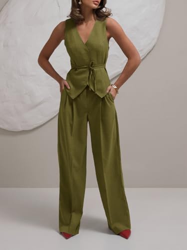 Womens 2 Piece Outfits V Neck Tie Waist Blazer Vest and Wide Leg Business Casual Suit Pants Sets Army Green