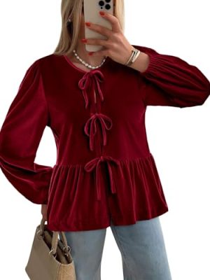 Womens Cute Tie Front Peplum Velvet Tops Puff Long Sleeve Babydoll Shirts Casual Blouses 2025 Fall Outfits