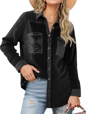 Womens Velvet Button Down Shirt Casual Long Sleeve V Neck Collared Tops Fall Shacket Jacket with Pockets