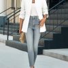 Womens Business Casual Blazer Long Sleeve Open Front Notch Stand Collar Blazer Work Office Jacket Suit