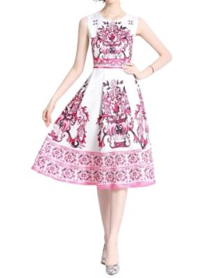 Women’s Blue Floral A-Line Dress Round Neck Sleeveless Chinese Porcelain Print Summer Vest Dresses