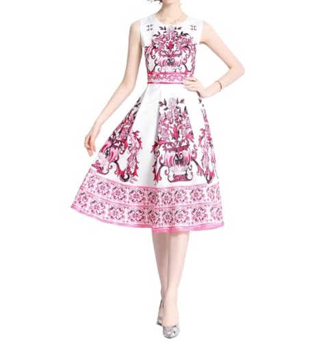Women’s Blue Floral A-Line Dress Round Neck Sleeveless Chinese Porcelain Print Summer Vest Dresses