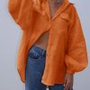 Womens Oversized Button Down Shirts Puff Long Sleeve Collared V Neck Cotton Blouses Linen Loose Fit Tops