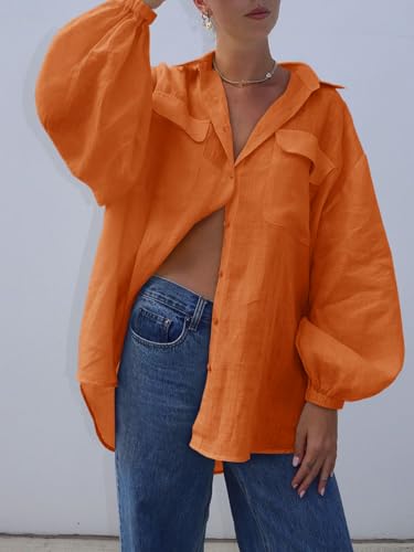 Womens Oversized Button Down Shirts Puff Long Sleeve Collared V Neck Cotton Blouses Linen Loose Fit Tops