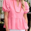 Womens Puff Sleeve Peplum Blouses Ruffle V Neck Summer Casual Tops Babydoll Loose Fit Shirts
