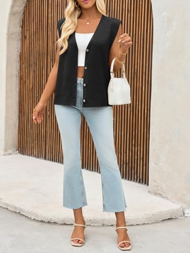 Womens V Neck Sweater Vest Casual Button Down Knit Vest Outerwear Sleeveless Trendy Cardigans