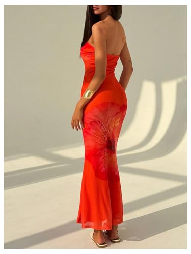Women's Floral Twist Front Mesh Tube Dress Elegant Strapless Fishtail Maxi Dresses