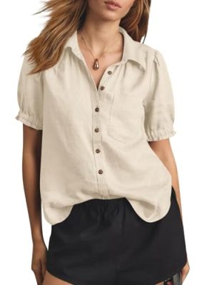 Womens Puff Short Sleeve Button Down Shirts Summer Casual Collared V Neck Blouse Linen Loose Fit Work Tops