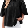 Womens Summer Button Down Shirts Short Ruffle Puff Sleeve Cotton Blouses Dressy Casual Ladies Tops