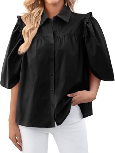 Womens Summer Button Down Shirts Short Ruffle Puff Sleeve Cotton Blouses Dressy Casual Ladies Tops