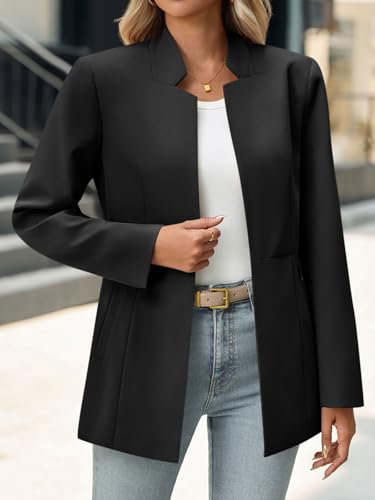 Womens Business Casual Blazer Long Sleeve Open Front Notch Stand Collar Blazer Work Office Jacket Suit