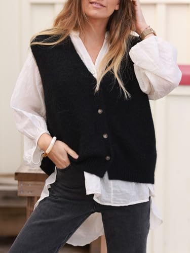 Womens V Neck Sweater Vest Casual Button Down Knit Vest Outerwear Sleeveless Trendy Cardigans