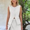 Womens Summer 2 Piece Outfits Crew Neck Sleeveless Fitted Blazer Vest Matching Sets Work Mini Skirt Suit Sets