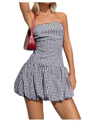 Women's Plaid Strapless Bubble Dress Sleeveless Ruffle Mini Tube Dresses