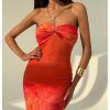 Women's Floral Twist Front Mesh Tube Dress Elegant Strapless Fishtail Maxi Dresses