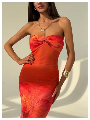 Women's Floral Twist Front Mesh Tube Dress Elegant Strapless Fishtail Maxi Dresses